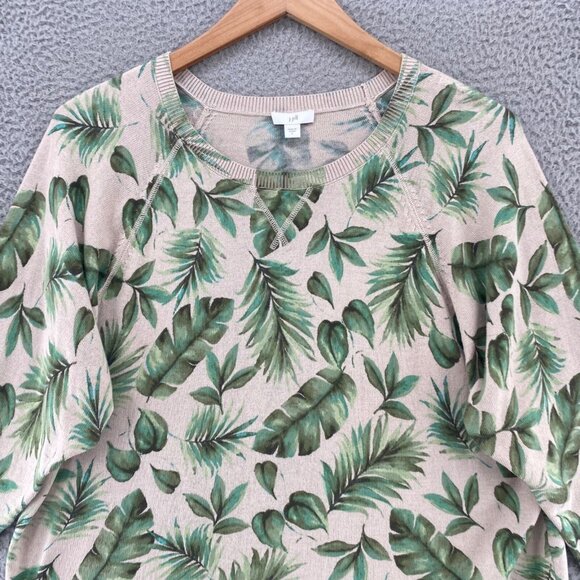 J Jill Sweater Women Large Green Fern Floral 3/4 Raglan Sleeve Crewneck Pullover - Picture 2 of 11